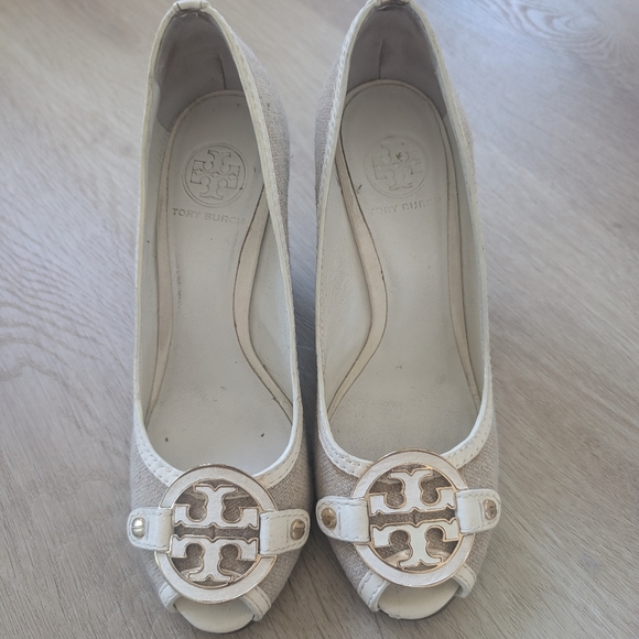 Tory Burch Shoes - Tory Burch Logo Cream Weave Wedges